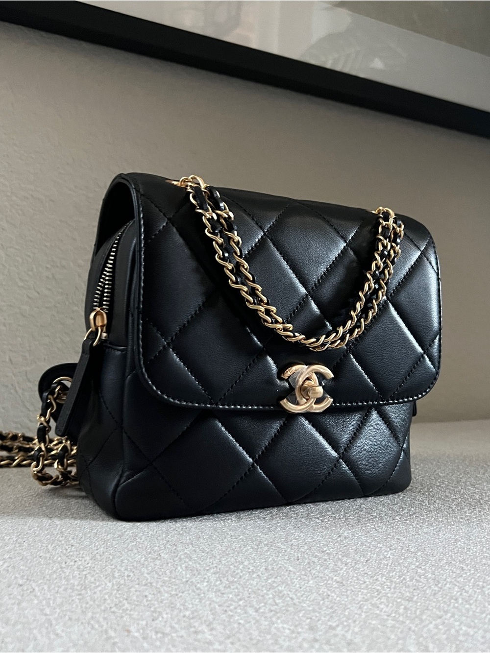 Black Quilted Leather Flap backpack with Gold Chain
